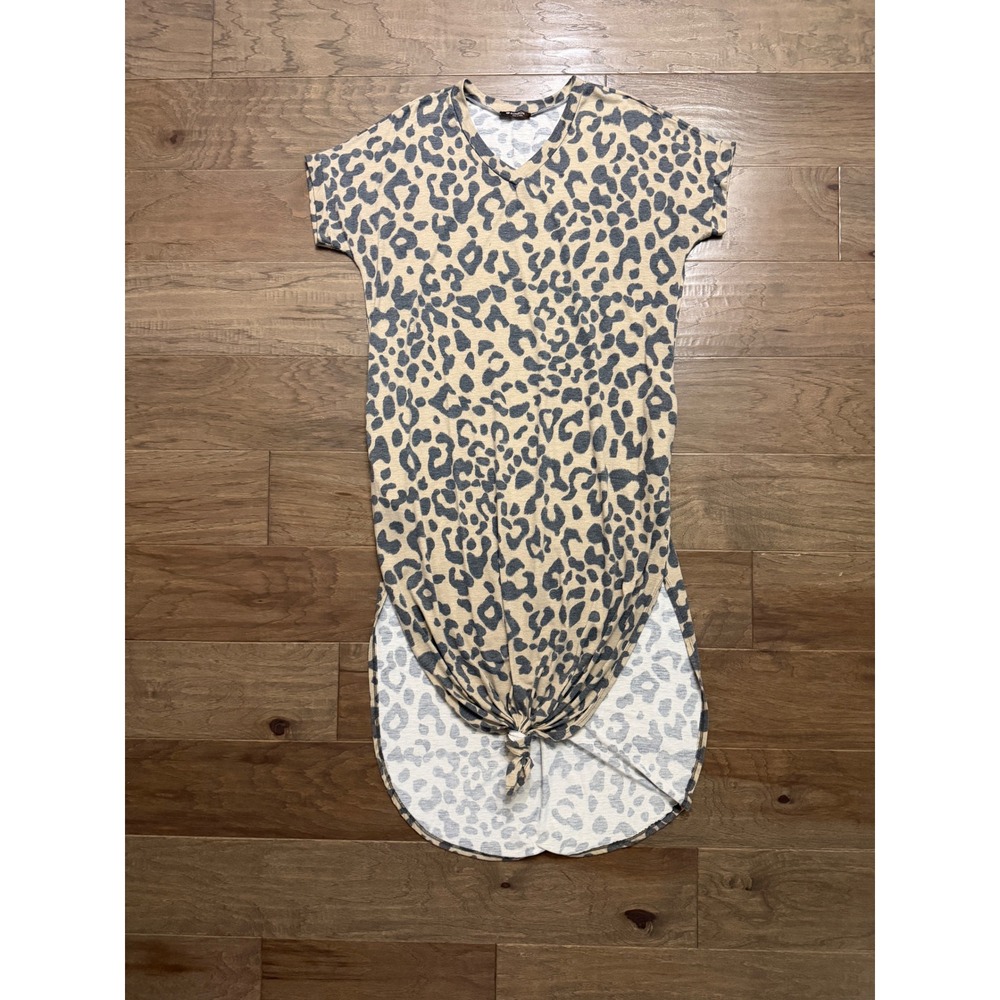 BOMBOM T-Shirt Dress Womens Tan Leopard Print Relaxed Front Knot Midi Casual